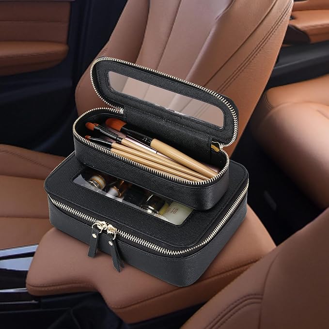 Clear Travel Makeup Bag with Brush Case Portable Transparent Cosmetic Bag and Toiletry Bag Waterproof Makeup Organizer with Zipper Car Essential for Women (Black, M+Slim) - Image 5