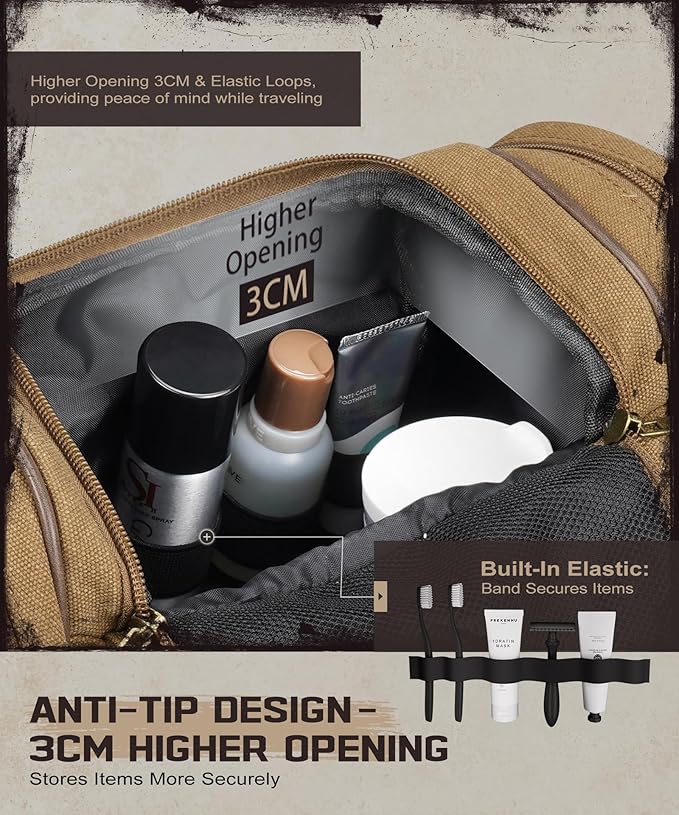 ARCFOX Travel Hanging Toiletry Bag for Men, Vintage Canvas Large Toiletry Bag with 7 Compartments, Camping Gym Travel Toiletry Kit Organizer with PVC Wet & Dry Pockets, Personalized Wash Bag, Brown - Image 6