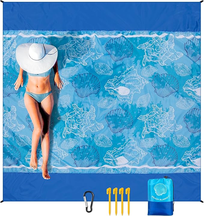 WIWIGO Beach Blanket Sandproof Extra Large Beach Mat Adults Waterproof Quick Drying Sand Free Mat Made by Premium Polyester with 4 Stakes & 4 Corner Pockets for Outdoor Travel Camping Hiking by WIWIGO