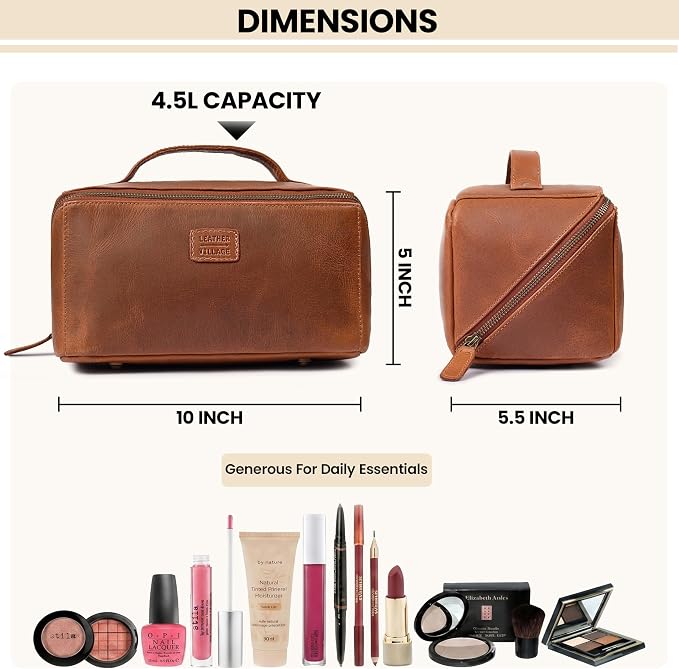 LEATHER VILLAGE Genuine Leather Travel Dopp Kit for Men & Women – Open Flat Large Capacity Cosmetic Bag with Water-Resistant Lining – Skin Care, Brushes, Shaving & Bathroom Essentials Organizer- Tan - Image 4