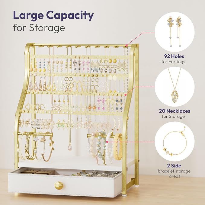SWTYMIKI Earring Holder Organizer - Jewelry Organizer Stand with Necklace Hooks, Watch Rods, Nonwoven Drawer, Large Capacity Jewelry Display for Stud Earring Bracelet Necklace Ring, Gold - Image 3