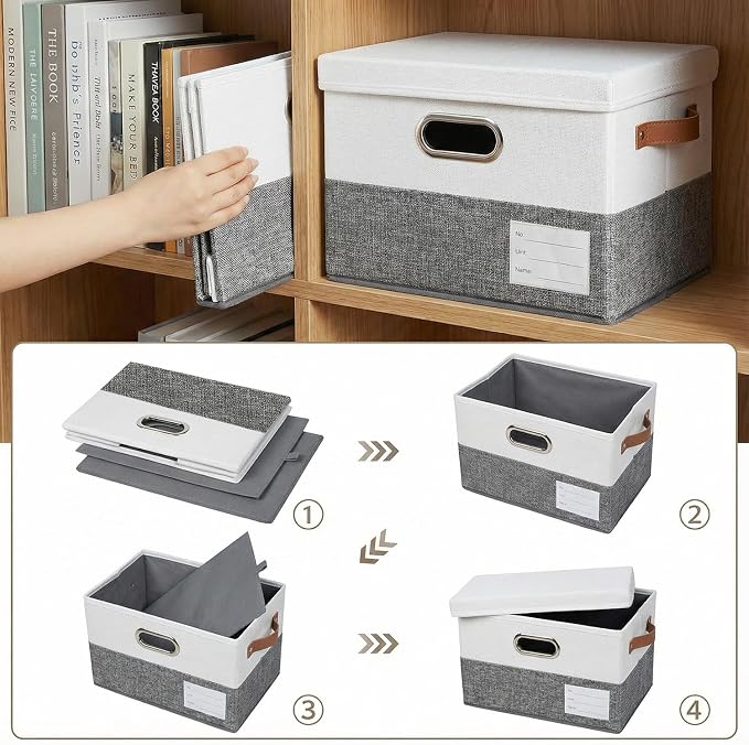 PRANDOM Storage Bins with Lids [3-Pack] Linen Fabric Foldable Storage Boxes Organizer Containers Baskets Cube with Cover for Bedroom Closet Office Grey&White（11.4X8.6X6.7 - Image 4