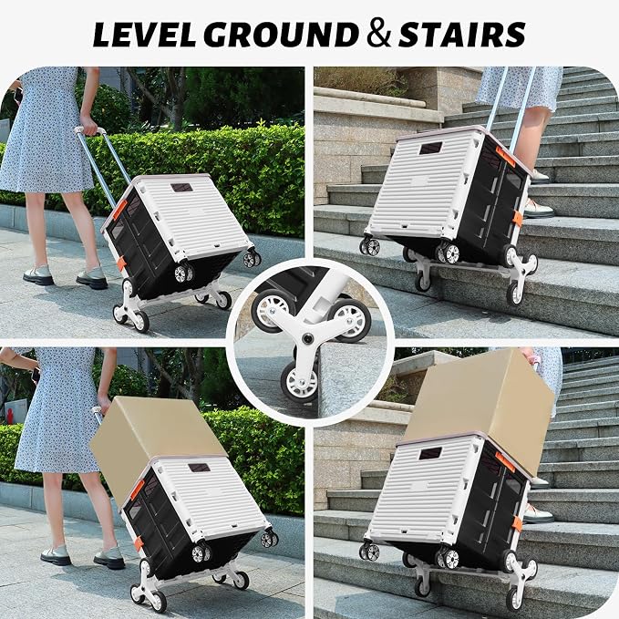 FELICON SELORSS Folding Utility Climber Cart Portable Rolling Crate-White | Stair Climbing Wheels+360°Swivel Wheels,Telescoping Handle,Plastic Box Dolly for Travel Shop Move Laundry Office Teacher Use - Image 3