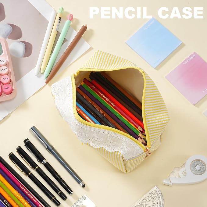 Makeup Bag Travel Toiletry Bag for Women, Small Cosmetic Bags with Lace Trim Cute Yellow Stripe Aesthetic Organizer Makeup Pouch for Purse Emergency Bag Pencil Case Accessory Bag - Image 7