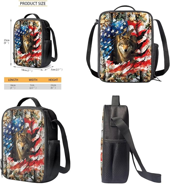 Camo Forest American Flag Wolf Print Schoolbag Set for Boys, 4th of July Backpack Set with Lunch Box and Pen Case, Casual Daypack Suitable for School, Picnic or Travel - Image 6