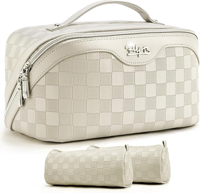 BOYATU Travel Makeup Bag Organizer: 3 Pcs Set Large Capacity Cosmetic Bags Holds 10–20 100ml Full-Size Bottles - 180°Open-Flat Make up Case 3-sec touch-up - Toiletry Bag Gift women (01-D-Beige) by BOYATU
