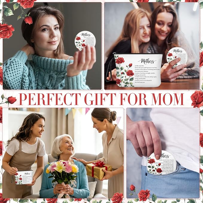 Kacctyen 20 Sets Mother's Day Gifts Bulk for Women Mom Makeup Bag Red Rose Inspirational Compact Mirror Cosmetic Bag with Zipper and Handle Pocket Mirror Toiletry Pouch for Women Mom Birthday Gift - Image 6