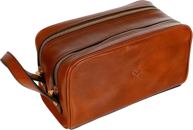 Time Resistance Leather Cosmetic Bag - Italian Toiletry Dopp Kit (Cognac Brown) by %E2%80%8E