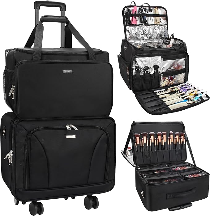 MONSTINA Rolling Makeup Train Case, Hairdressing Bag Cosmetology Case on Wheels Makeup Artist Bag Hairstylist Travel Cosmetic Organizer Storage Bag with 4 Bag (Black+Hairdressing Bag) by MONSTINA