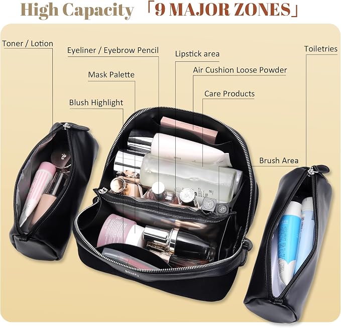 BOYATU Genuine Leather Travel Makeup Bag: Large Capacity 3 Pcs Set Cosmetic Bags for Women - Designer Waterproof Hand-made for Toiletry Organizer - Travel Essentials for Elegance (07Suede-Black) - Image 3