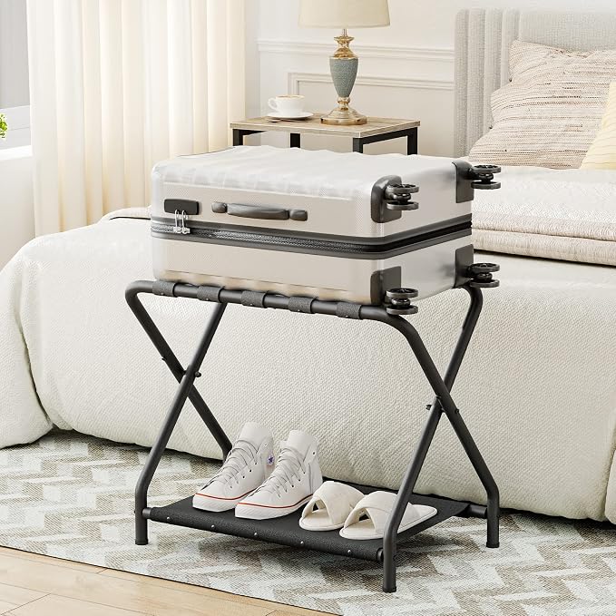 HOOBRO Luggage Rack, Pack of 2, Folding Suitcase Stand with Fabric Storage Shelf for Guest Room, Bedroom, Hotel, Holds up to 100 lb, 27 x 15.3 x 22 Inches, Space Saving, Black BK04XLP201 - Image 5