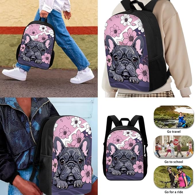 French Bulldog Backpack and Lunch Box for Girls 6-7/7-8 Floral Kids Bookbag with Lunch Bag Set 4PCS Elementary School Back Pack Lunchbox Pencil Case Water Bottle Holder Preschool Book Bags - Image 3