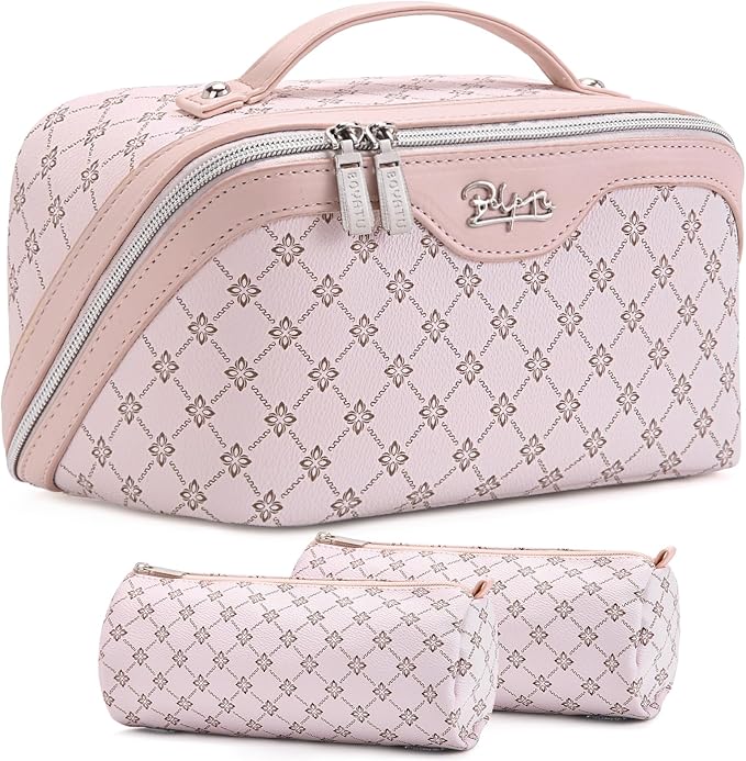 BOYATU Travel Makeup Bag Cosmetic Bags for Women: 3 Pcs Set Large Capacity Make up Bag with Handle - Vegan Leather Toiletry Bags with Compartments - Makeup Organizer for Travel Essentials(A-3-Pink) by BOYATU
