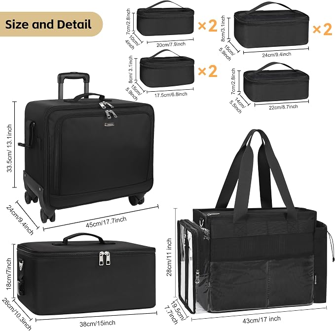 TANTO Rolling Makeup Bag, Cosmetology Case on Wheels Travel Makeup Tote Bag Pro Makeup Artist Bags 3 in 1 Extra Large Cosmetics Organizer Case with 360° Swivel Wheels and Adjustable Dividers - Image 5