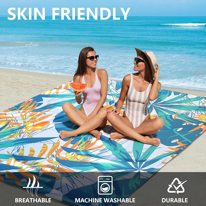 HIHOHO Beach Blanket Waterproof Sandproof Beach Mat for 1-8 Adults Quick Drying Durable Outdoor Picnic Mat for Beach Festival Travel Camping Hiking (W&GN&Y-Palm, 79"×83"(4 Person)) - Image 4
