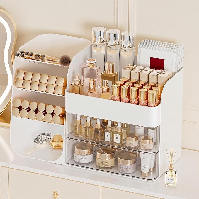 Booklov Makeup Organizer for Vanity, Countertop Cosmetic Display Case with Clear Acrylic Drawers, Bathroom Counter Beauty Caddy, Cute Table Storage Holder for Skincare, Brush Lipsticks, Crystal White - Image 9