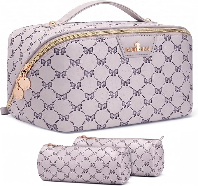 Travel Makeup Bags for Women: 3 Pcs Set Luxury Bow Print Make up Bag - Large Capacity Cute Cosmetic Case - 3–15 Day Travel Toiletry Organizer Bag, Comes with An Gift Box(Moon mist gray) by Unknown