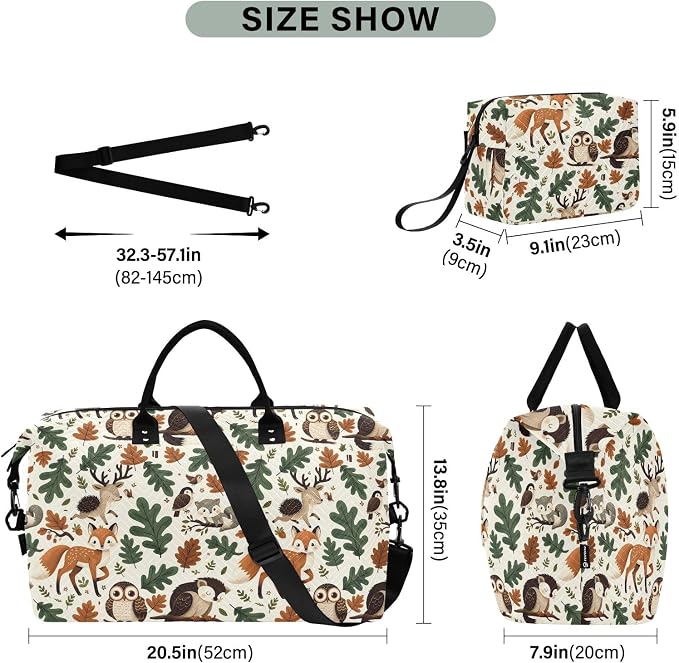 Weekender Bags Travel Duffel Gym Bag Animals Fox Deer Woodland Forest Hedgehog Carry on Overnight Tote Bag with Toiletry Bag for Airplane Travel Trip Gym Yoga - Image 3