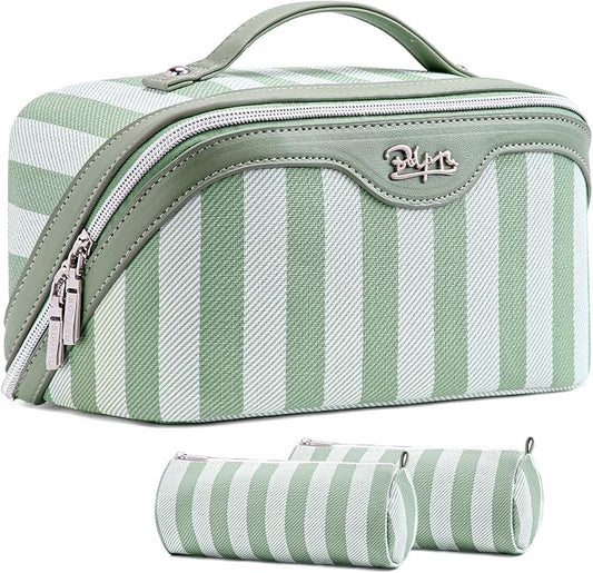 BOYATU Travel Makeup Bag Cosmetic Bag for Women: 3 Pcs Set Striped Make up Bag with Compartments - Waterproof Vegan Leather Toiletry Bag with Handle - Makeup Organizer for Travel Essentials(A-2-Green) by BOYATU