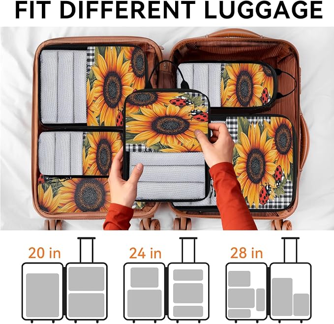 Ladybugs Sunflower Compressible Packing Cubes for Suitcase 6 Set Lightweight Expandable Compression Packing Travel Luggage Organizer - Image 7