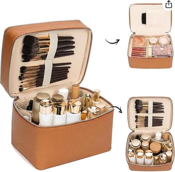 BAGOK Double Layer Makeup Vanity Case, Large Capacity Cosmetic Bag with Removable Divider & Brush Organizer, Travel Toiletry Bag for Women, Portable PU Leather Organizer with Handle - Image 6
