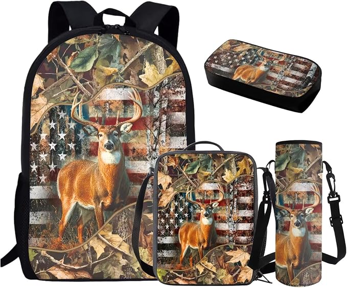 GIFTPUZZ Deer American Flag Backpack 17 Inch Set Boys | Camo 4-Piece Lunchbox Combo, Water Bottle Sleeve, 3rd Grade Back to School Book Bags, 8-10 by GIFTPUZZ