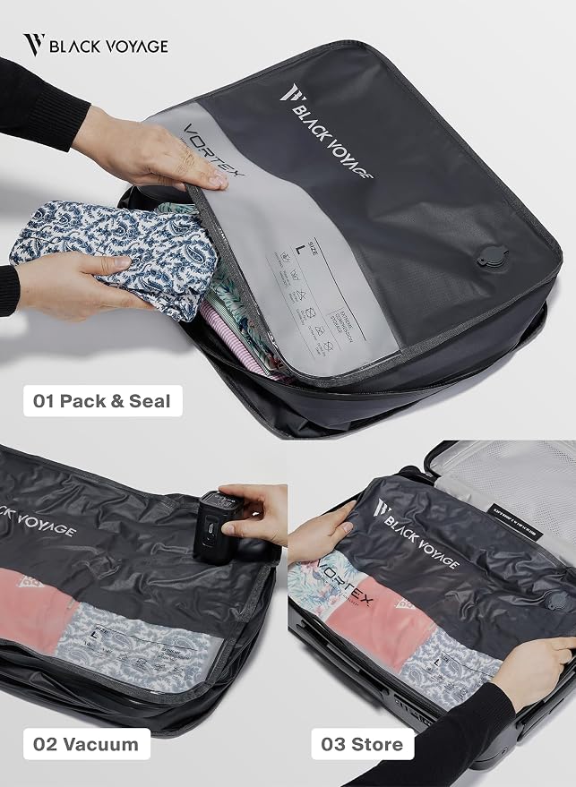 Black Voyage Reusable Vacuum Compression Travel Bag for Carry-On Suitcase and Backpack, Recycled IPX8 Waterproof Space Saver Vacpack (2-Pack, 41L - Pump Included) - Image 6