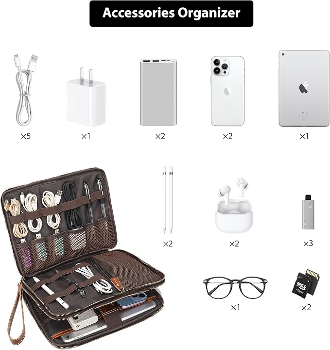 LANNSYNE Full Grain Leather Travel Cable Accessories Bag, Electronic Organizer Carry Case Double Layer Storage Case for Cables, Charger, Phone, Power Bank - Image 3