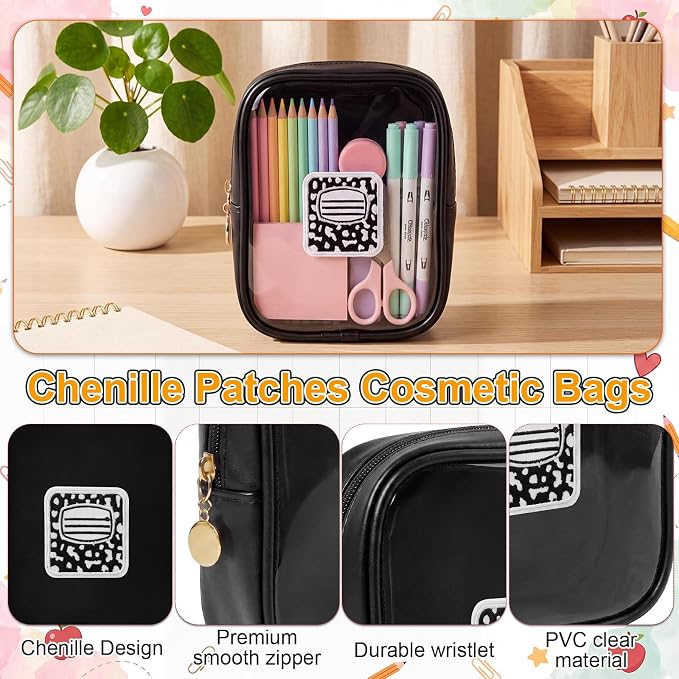 12 Pack Back to School Clear Makeup Bag, PVC Cosmetic Pouch with Composition Notebook Embroidery, Teacher Appreciation Gift, Small Waterproof Leather Travel Bag for Women, Black - Image 3