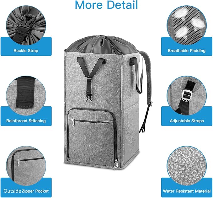 Bukere Laundry Backpack Bag, Extra Large 2 in 1 Laundry Hamper Basket for College Students Dorm Essentials, Adjustable Shoulder Straps, Freestanding Laundry Bag(Grey&Grey) - Image 6