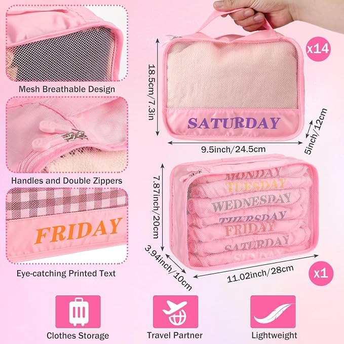 Days of Week Packing Cubes Summer Camp Essentials Weekly Organizer Storage Bag School Clothes for Travel Kids Family(9x7x3inch,Pink,15) - Image 3