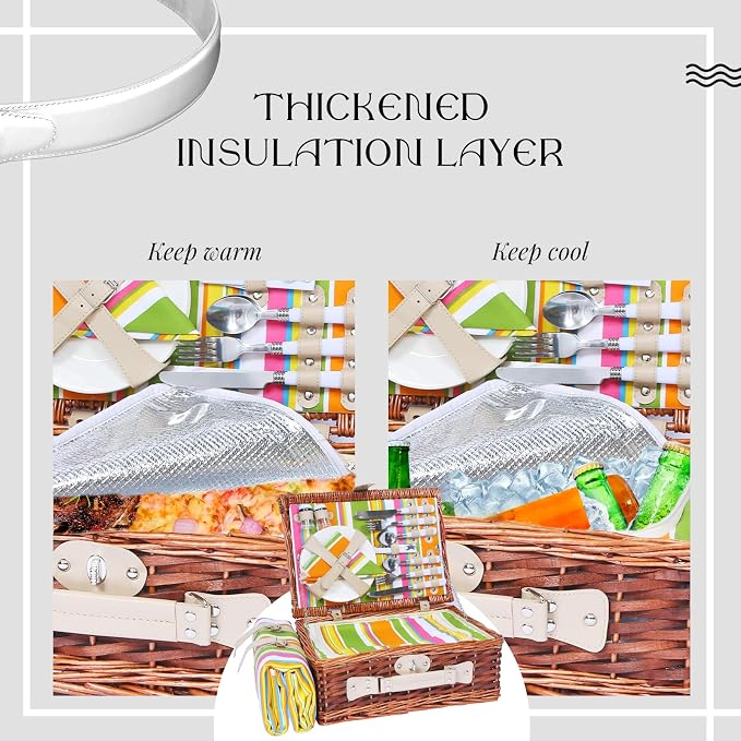 Picnic Basket Set for 4 with Waterproof Blanket Mat Insulation Bag Wicker Rainbow Stripe Cute Hawaiian Tropical Gift for Wedding Birthday Summer Camp Outdoor Camping Beach Travel Christmas - Image 7
