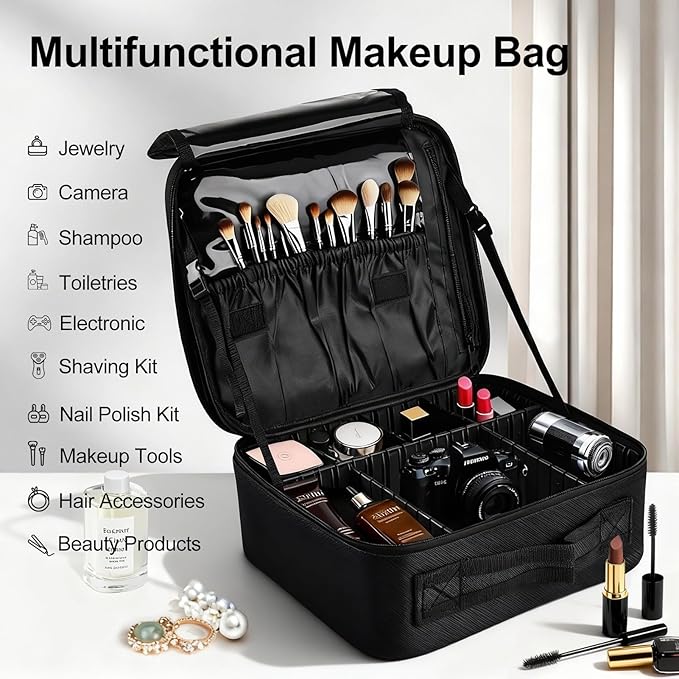 Greenfeather Travel Makeup Bag, Professional Cosmetic Train Case Organizer for Women, Portable Travel Cosmetic Brush Bag Holder Makeup Artist Storage Box with Adjustable Dividers, Black - Image 5