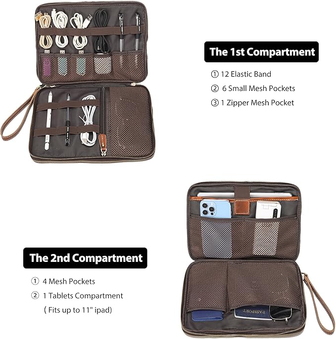 LANNSYNE Full Grain Leather Travel Cable Accessories Bag, Electronic Organizer Carry Case Double Layer Storage Case for Cables, Charger, Phone, Power Bank - Image 4
