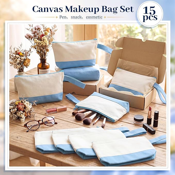 Silkfly 15 Pcs Cotton Canvas Makeup Bags Cosmetic Zipper Bags 10.2 x 5.5 x 2'' Blank DIY Pouch Bulk Pencil Case with Bottom Travel Toiletry Pouch for Women Craft Decor Gift (Beige and Light Blue) - Image 5