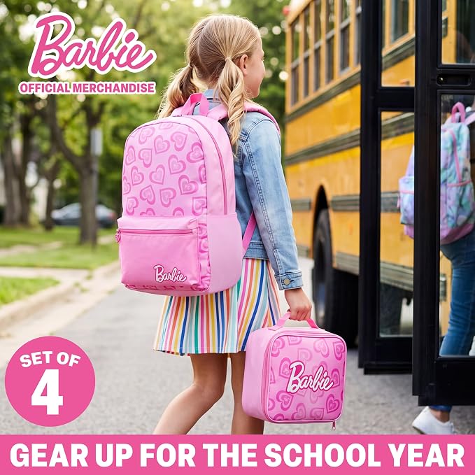 Get Trend Barbie Kids Backpack 4 Piece Set | 18 inch Bookbag, Insulated Lunch Bag, Zipped Pencil Case & BPA-Free Water Bottle for School & Travel, Gifts for Girls - Image 2