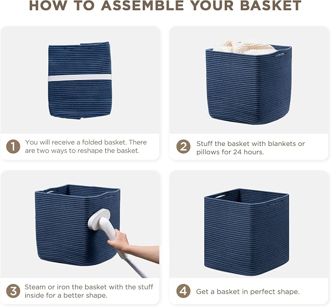 joybest 13x13x13 Inch Cube Storage Bins Set of 4, Cotton Rope Woven Organizer Basket for Shelves, Cube Bin Square Shelves Organizer Closet Storage, Nursery, Toy Organization, Navy Blue - Image 6
