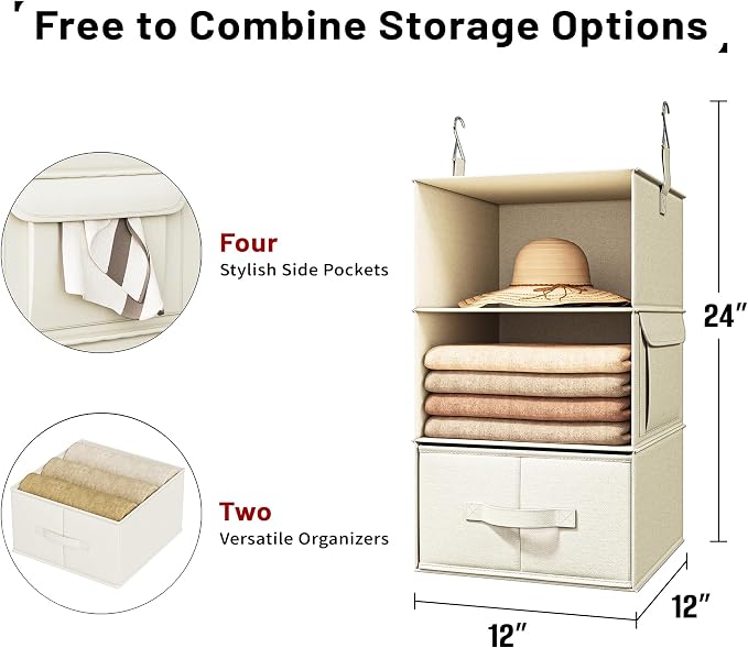 Vailando 3-Shelf Hanging Closet Organizer, Set of 2 Hanging Shelves with 2 Drawers for Wardrobe, Nursery, Baby Clothes Storage and Organization, Beige - Image 3