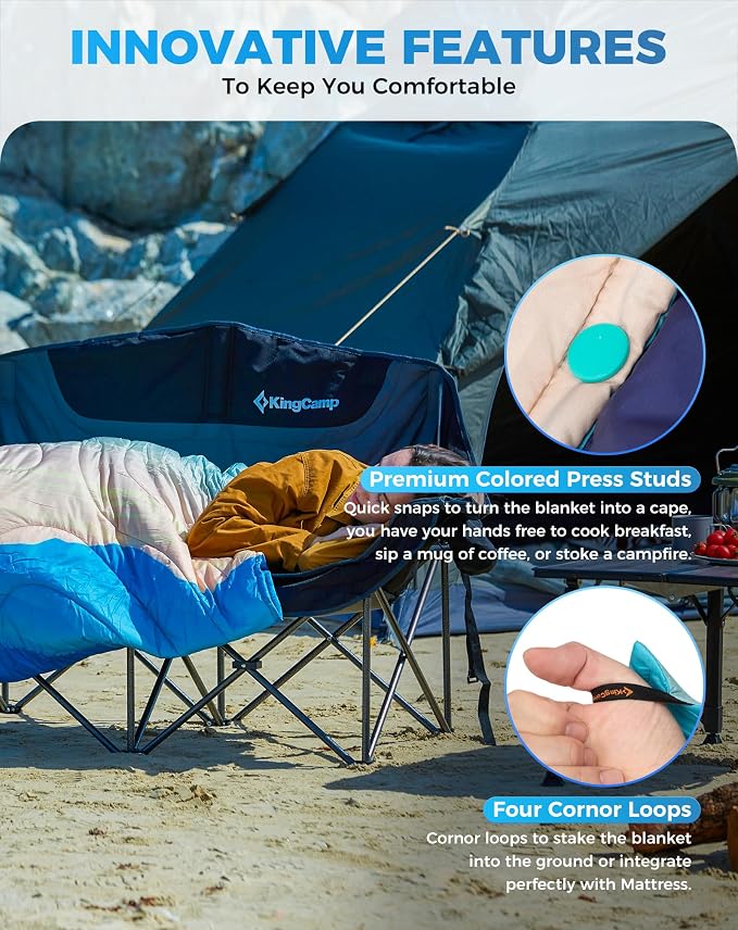 KingCamp Ultralight Camping Blanket, Packable Down Alternative Puffy Printed Wearable Blanket with Snap Buttons & Corner Loops Weatherproof Quilt for Outdoor Travel (78.7" x 57.1", Cyan/Orange) | Down Alternative Puffy Printed Blanket with Snap Buttons... - Image 4