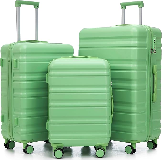 Hardshell Luggage Sets, Lightweight Stripes Suitcases with Spinner Wheels, Green-181 by Merax