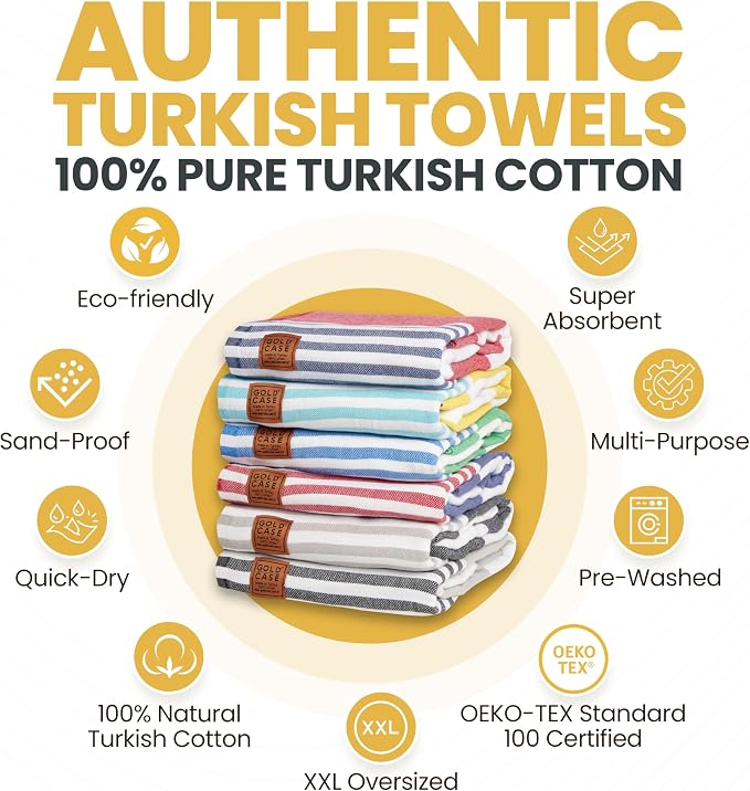 Gold CASE Turkish Beach Towel Set of 6 – 100% Cotton Large Bath Towels 70 x 38'' – LYCIA Oversized, Quick Dry & Sand Free Beach Towel – Lightweight Turkish Towels Set - Multicolor-2 - Image 4