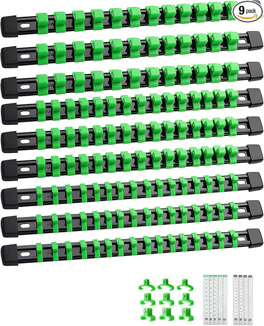 ALOANES 9PC Socket Organizer, Socket Rails Fit 1/2", 1/4" and 3/8" Drive | Heavy Duty ABS Socket Holders Hold up 129 Sockets for Toolbox Drawer Bags(Green) by Aloanes