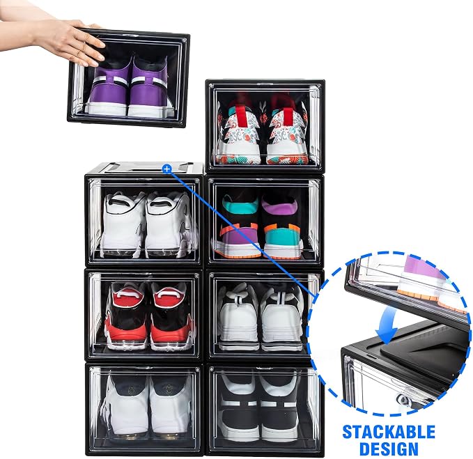 12 Pack Shoe Boxes, Clear Acrylic Plastic Shoe Boxes Stackable, Space-Saving Foldable Drop Front Shoe Storage Boxes Container for With Lids Fits Up to Size 15 (Dark Black) - Image 4
