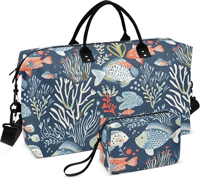 Weekender Bags Travel Duffel Gym Bag Carry on Overnight Tote Bag with Toiletry Bag for Airplane Travel Trip Gym Yoga (Ocean Animals and Plants) by senya