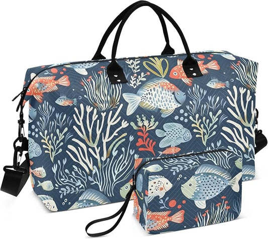 Weekender Bags Travel Duffel Gym Bag Carry on Overnight Tote Bag with Toiletry Bag for Airplane Travel Trip Gym Yoga (Ocean Animals and Plants) by senya