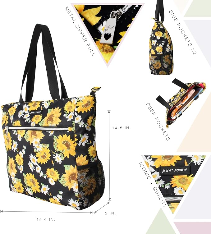 Betsey Johnson 15.6 Inch Zipper Beach Tote Bag Lightweight Large Durable Polyester with Mesh Side Pockets for Gym Work | 15.6 Inch - Image 5