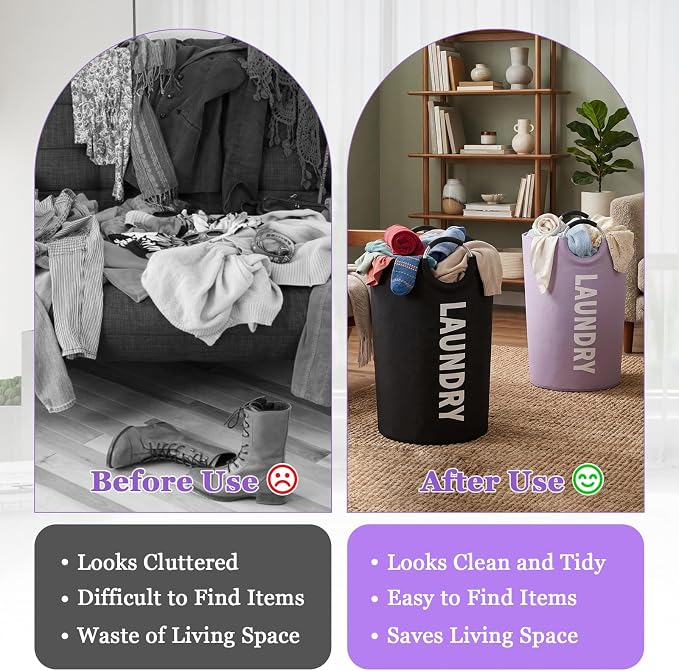 2 Pack 125L Laundry Hamper, Large Laundry Basket with Padded Handles, 600D Oxford Cloth Tall Clothes Hamper, Storage Basket for Clothes, Blankets, Pillows, Comforters, Black + Purple - Image 8