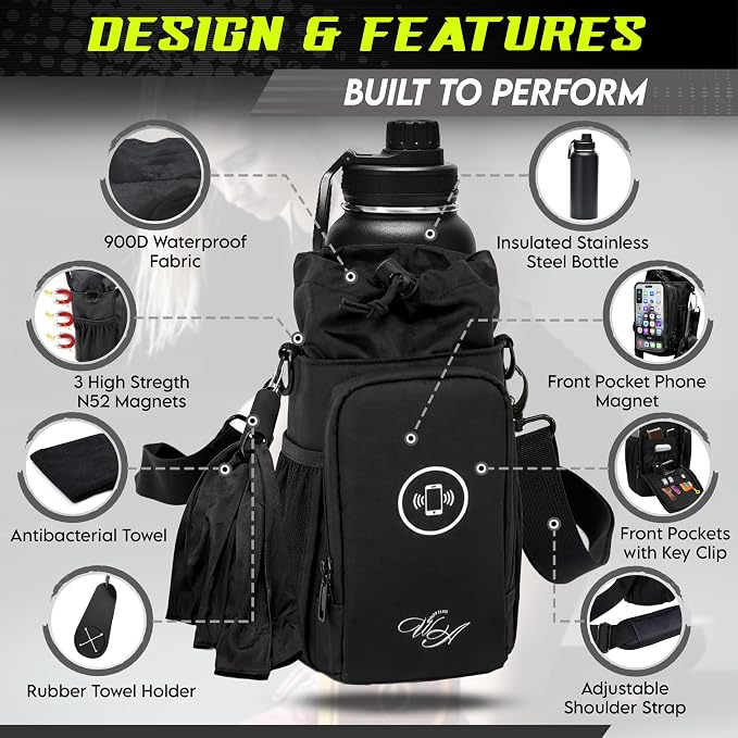 Magnetic Gym Bag & Magnetic Water Bottle Holder Set - 40oz Insulated Stainless Steel Bottle, Microfiber Towel, Cross Body Strap & Phone Holder Magnet - Gym Bag Essentials for Fitness, Work & Travel - Image 5
