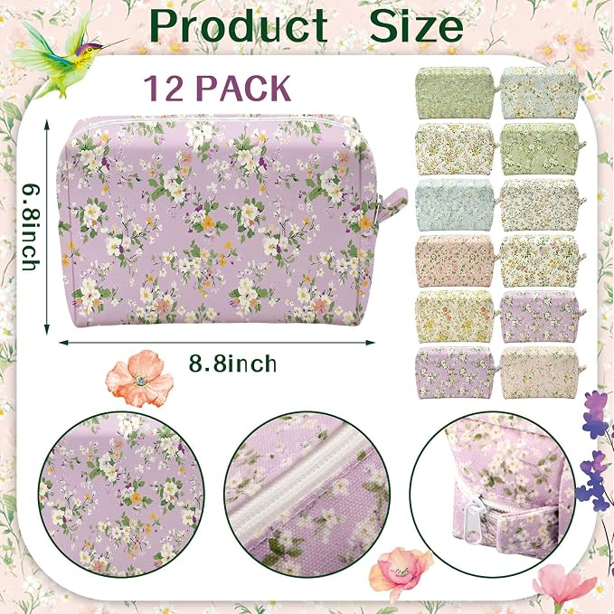 Sweetude 12 Pcs Flowers Makeup Bag Bulk Cotton Portable Travel Cosmetic Bags with Zipper Floral Cotton Roomy Travel Toiletry Organizer Storage Beauty Pouch for Women Gifts - Image 3