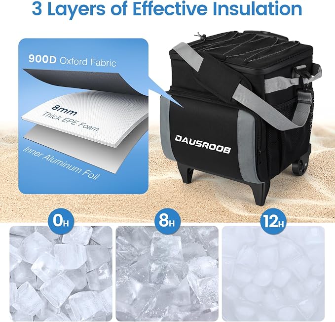 Rolling Cooler with Wheels and Handle, Heavy Duty Leakproof Soft-Sided Cooler, 12Hrs Ice Retention & Enhanced Stability, Insulated Travel Cooler for Camping,Grocery,Beach,Outdoor - Image 5
